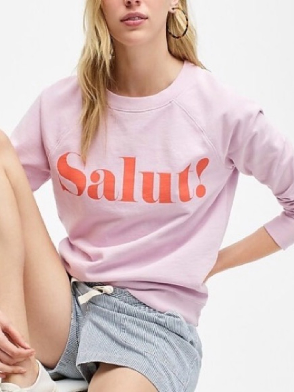 J. Crew light lavender Sweatshirt with Orange "Salut!" Graphic